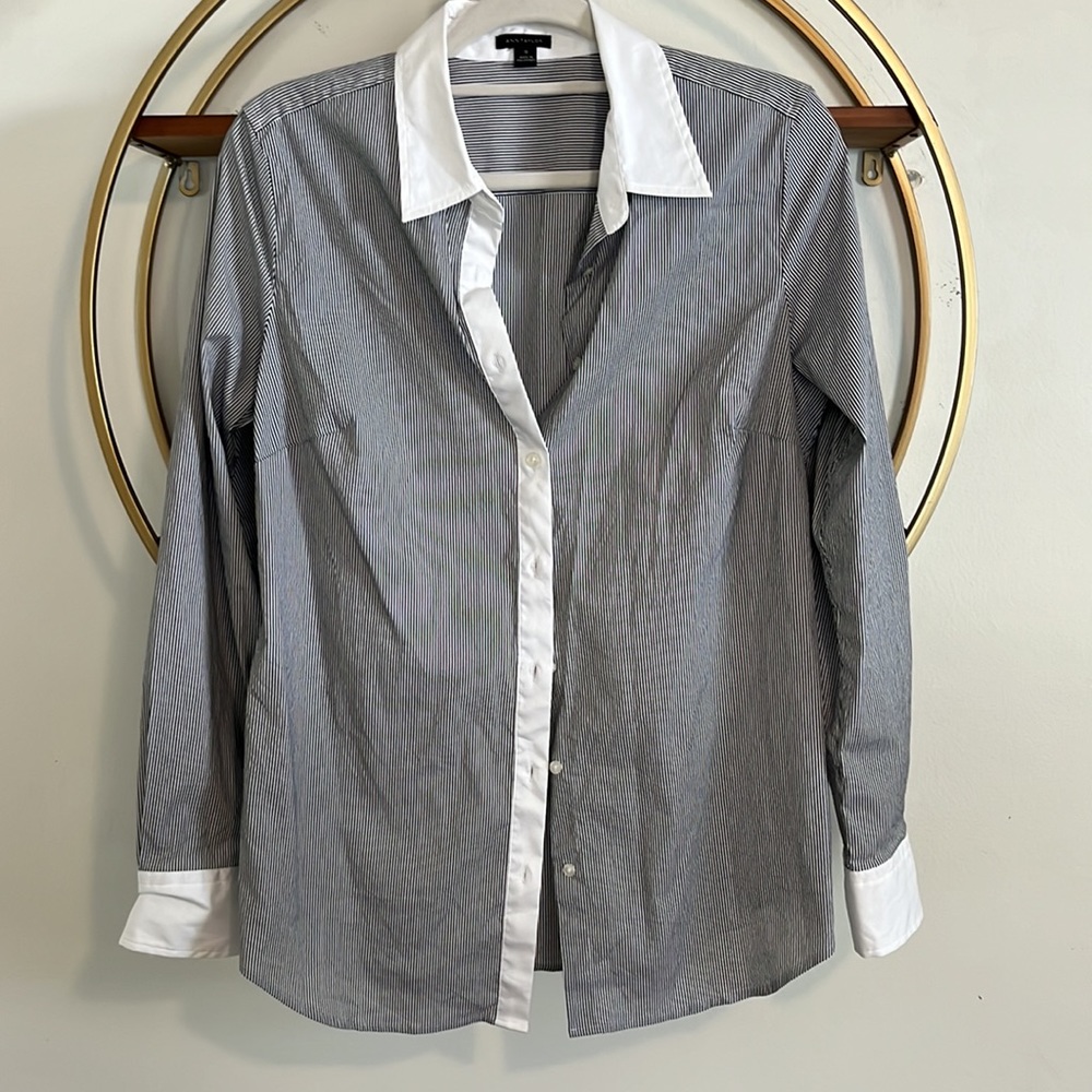 Ann Taylor Crisp White and Black Cotton Blend Striped Button Down Blouse 12